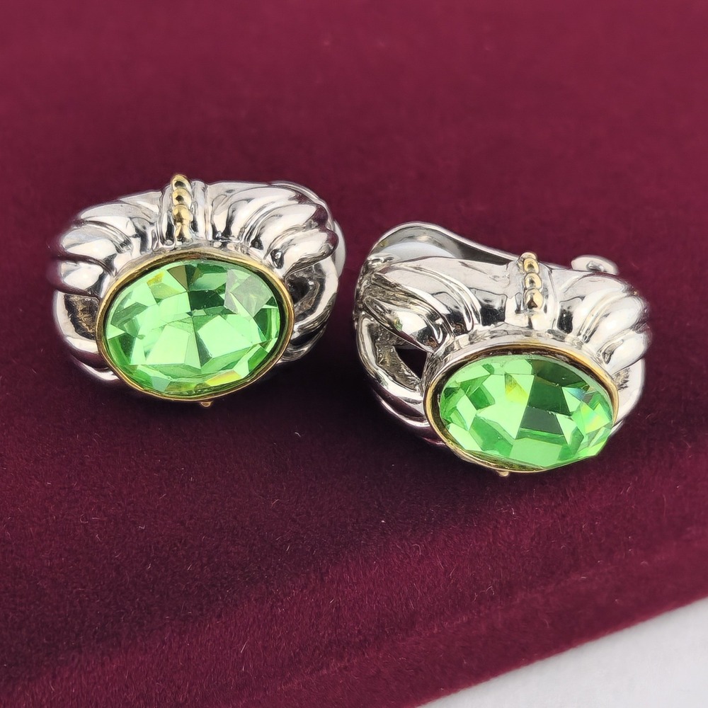 Vintage Green Crystal Clip On Earrings Silver Tone Gold Accent Statement